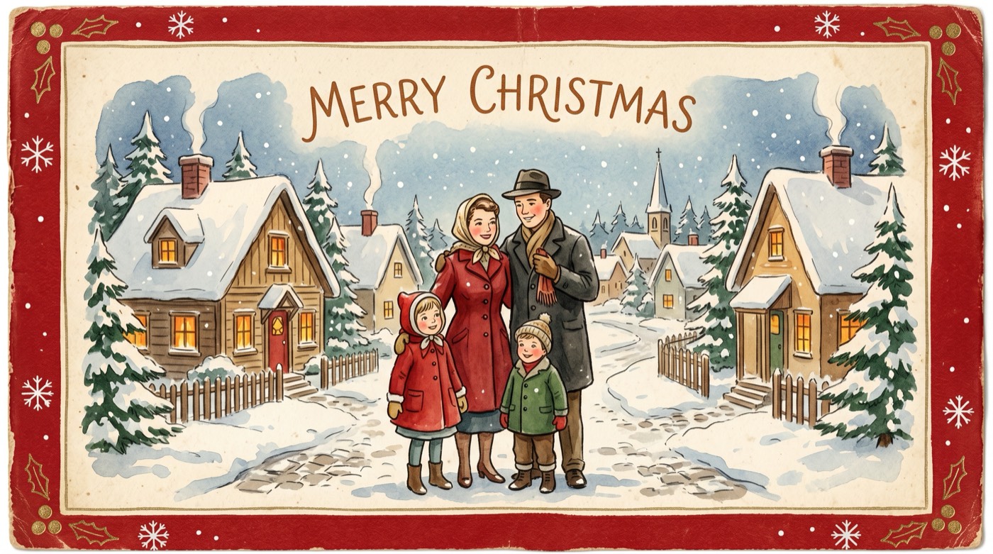 A vintage watercolor Christmas card showing a family in a snowy village